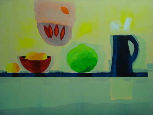 Jug, bowl and fruit, silkscreen Limited edition by Russell Baker, British p