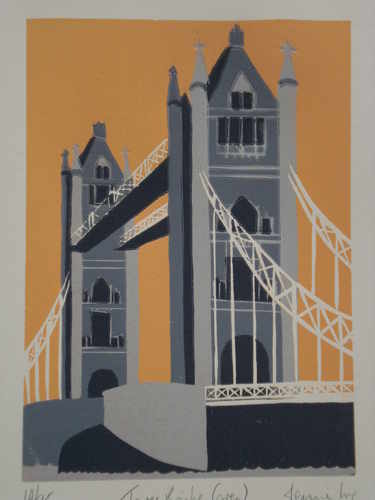 Tower Bridge, original linocut by Jennie Ing, British printmaker