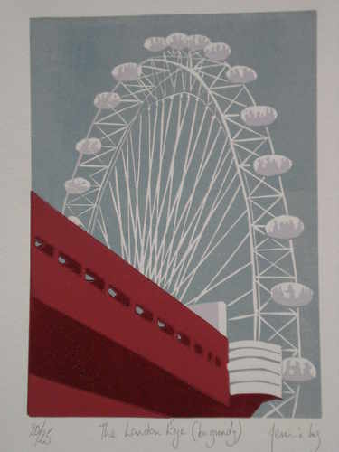 The London Eye, original linocut by Jennie Ing, British Printmaker