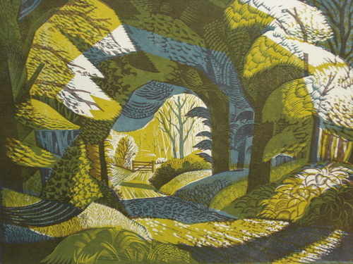 Woodland Path, Arley, Cheshire, Original linocut by Norman C. Jaques. Born