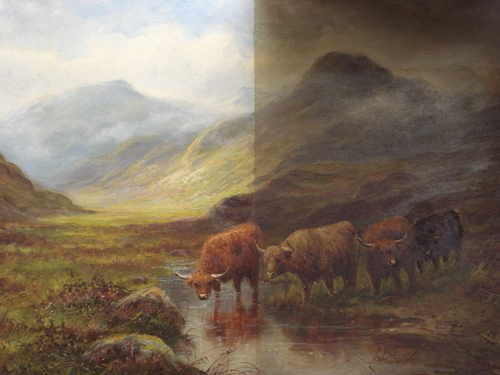 Highland Cattle in a Scottish landscape by Henry Campbell,c1880