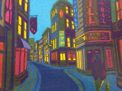 We never close, linocut print by Gail Brodholt
