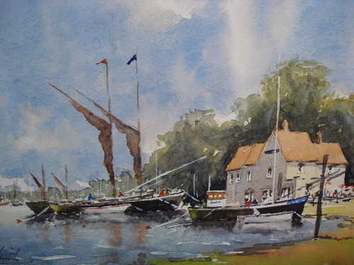 Sailing Barges at Pin Mill, watercolour painting by Alan Smith
