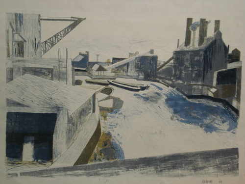 Barges on an Industrial Canal, silkscreen limited edition J Roberts, 1960