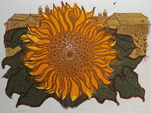 Sunflower and Barns, original linocut by Robert Tavener (1920-2004)
