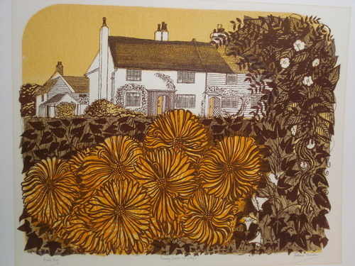 Country Garden and Cottages, original linocut by Robert Tavener (1920-2004)