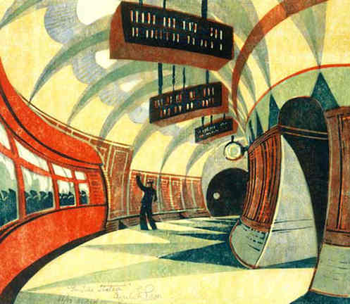 The tube station, linocut print after the original by Cyril Power